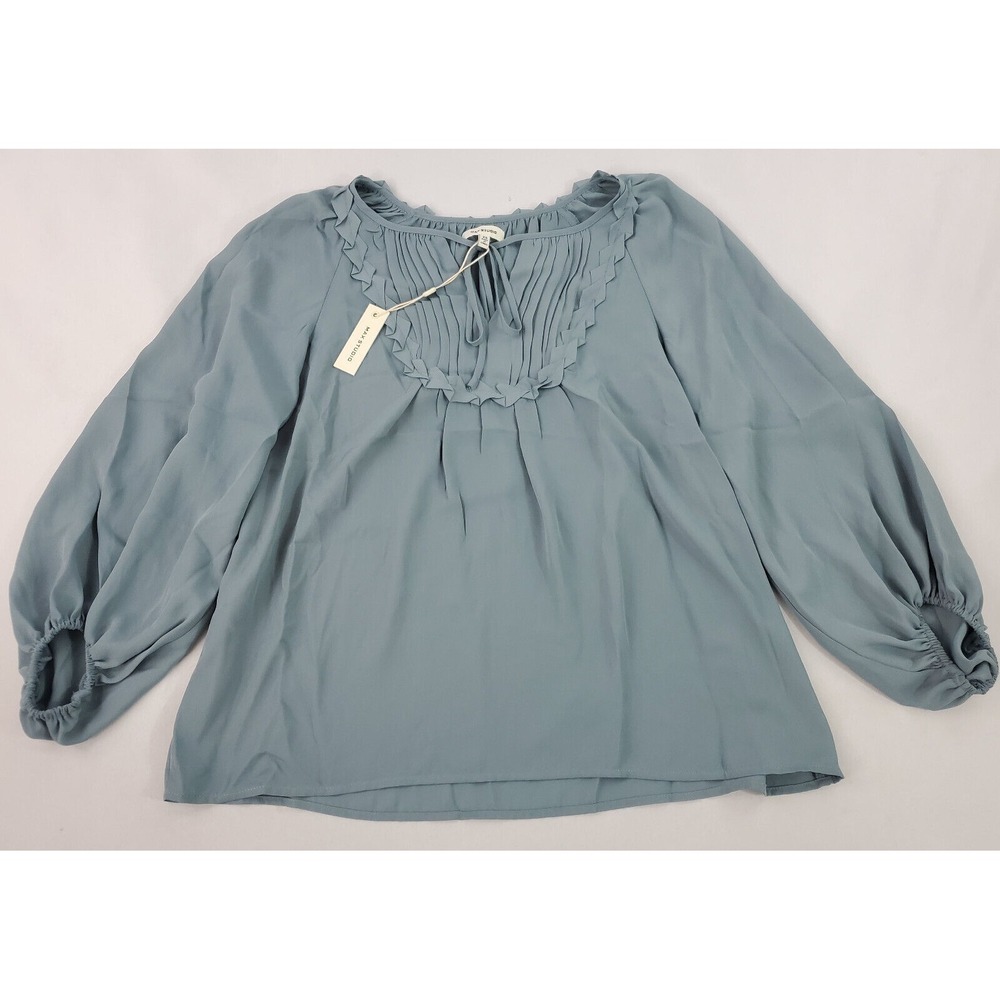 MAX STUDIO Women Blue Pleated Bib Balloon Sleeve Blouse 2705A70 XS